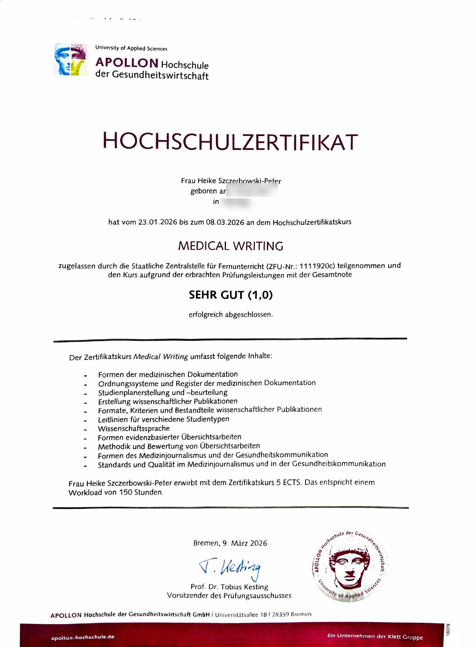 Medical Writer Zertifikat